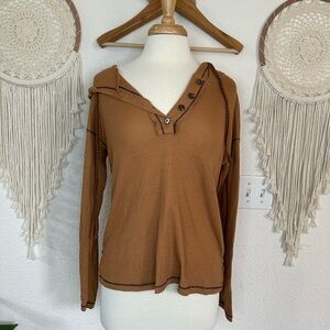 Hem & Thread Brown Long Sleeve Hooded Waffle Knit Shirt small